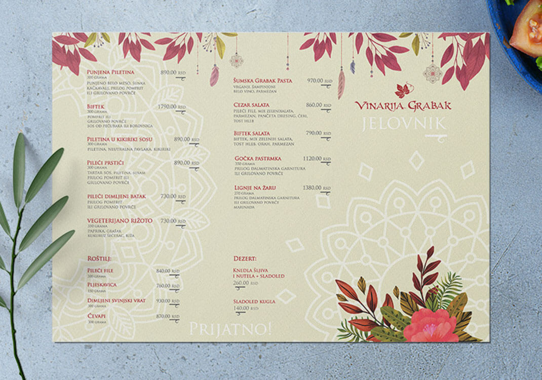 Jelovnici i podmetači Dizajn za restorane Novi Sad Beograd